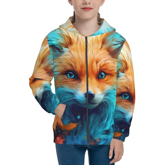 Xecao Fiery Red Maple Leaf Fox Pattern Zip Up Hoodies for Boys Girls, Sweatshirt with Pockets-Small