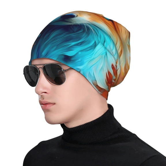 Xecao Fiery Red Maple Leaf Fox Print Beanie Knitted Hat for Men Women, Winter Fashion Knit Cuffed Caps Unisex