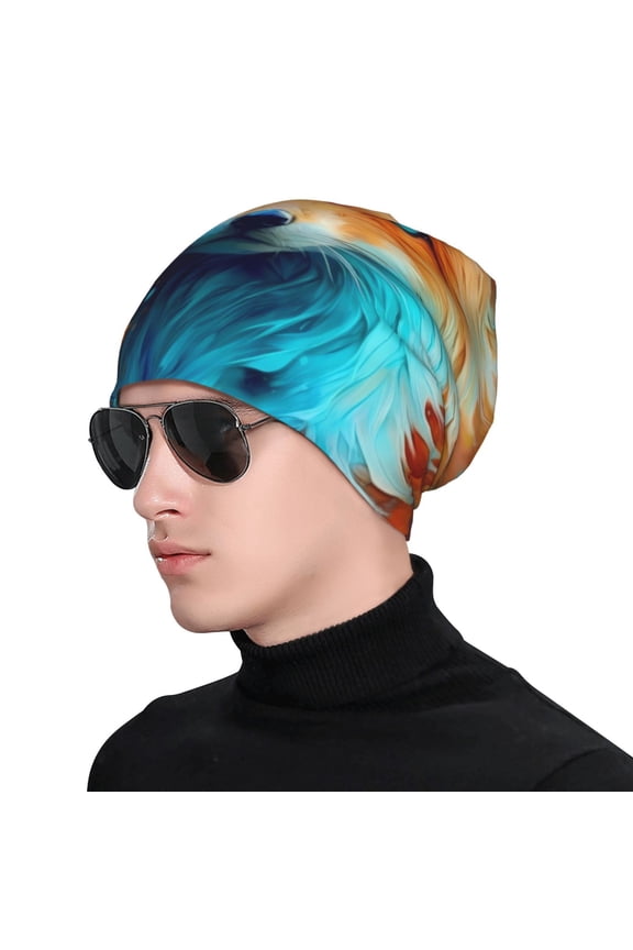 Fiery Red Maple Leaf Fox Print Beanie Knitted Hat for Men Women, Winter Fashion Knit Cuffed Caps Unisex