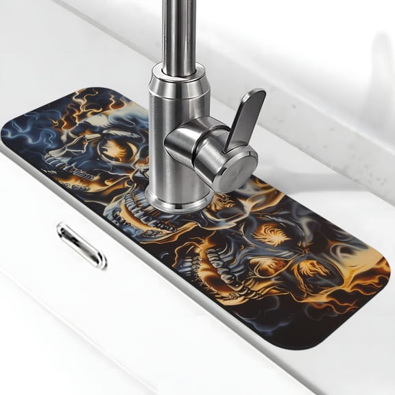 Xecao Fiery Skull Trio for Kitchen Sink Splash Guard Faucet Mat , Faucet Guard & Draining mat, (15" X 5.5" )
