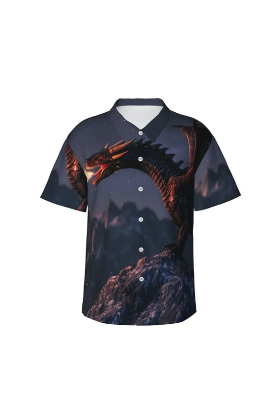 Fire Breathing Dragon Twilight Print Hawaiian shirt - A Stylish Short-Sleeve Button-Down for Men, Perfect for Casual Beach and Tropical Outings.,Medium