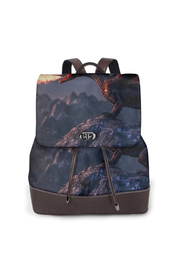 Fire Breathing Dragon Twilight Print Large Backpack Soft Leather for Women Travel with Compartment, Adjustable Convertible Strap