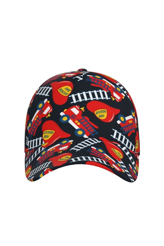 Fire Rescue With Red Helmet And Truck for Baseball Cap: Unisex, crafted from classic polyester twill fabric, featuring a soft unconstructed design