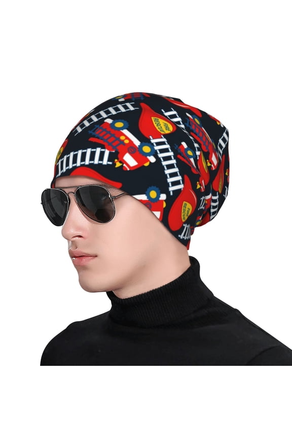 Fire Rescue With Red Helmet And Truck Print Beanie Knitted Hat for Men Women, Winter Fashion Knit Cuffed Caps Unisex