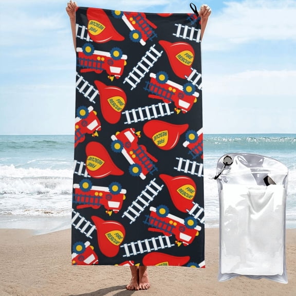 Xecao Fire Rescue With Red Helmet And Truck Print Quick Dry Towel - Lightweight Microfiber Travel Towels w/Bag - Fast Drying Towel Set for Camping, Beach, Gym-31.5"x63"