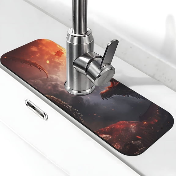 Xecao Fire Sky Dragon for Kitchen Sink Splash Guard Faucet Mat , Faucet Guard & Draining mat, (15" X 5.5" )