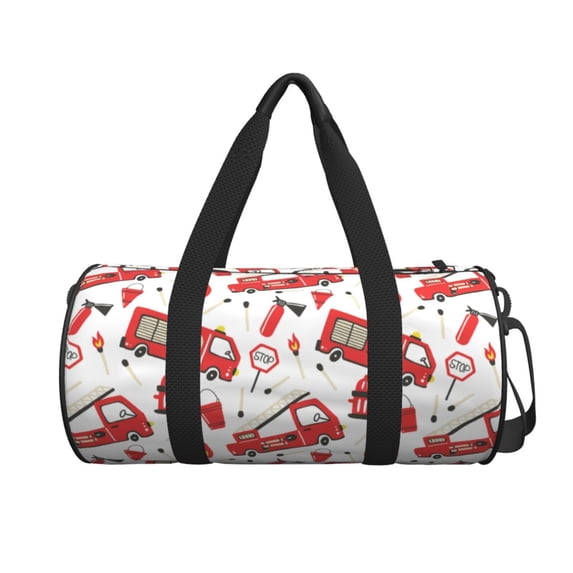 Xecao Fire Truck print Round Travel Duffel Bag is a foldable gym bag with an inner pocket, perfect for travel sports