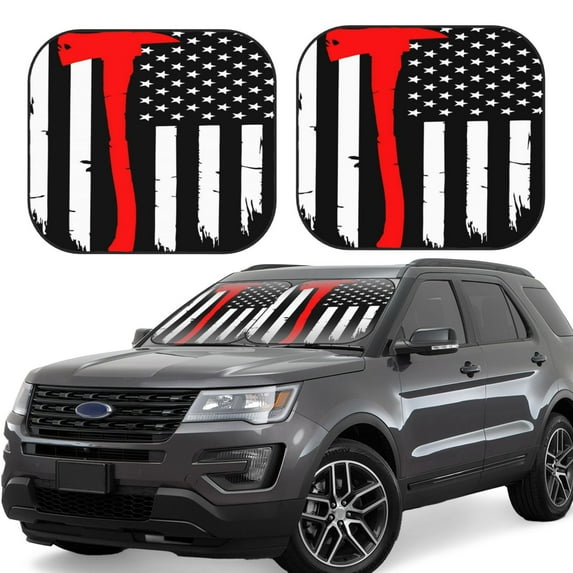 Xecao Firefighters USA Flag Black And White Flag for Foldable Car Sun Shades (2-Pack) offer sun protection with an easy-fold design for convenient windshield shading.