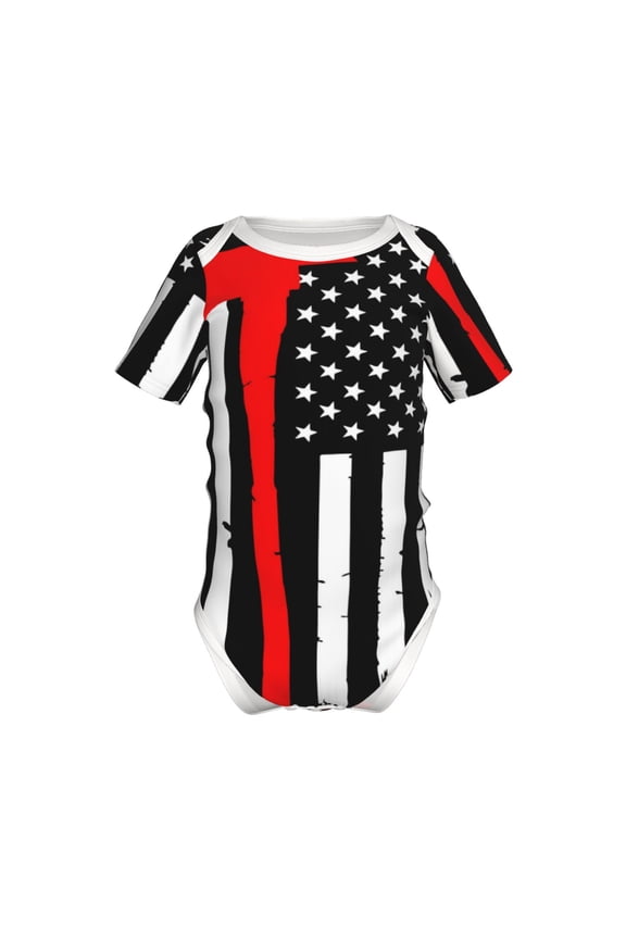 Firefighters USA Flag Pattern Baby Climbing Bodysuit Short Sleeve Onesie Unisex 0-12 Months Baby Shirt Newborn Outfits Crotch snap design-12 Months