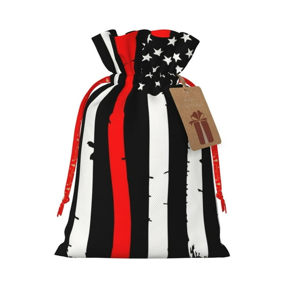 Xecao Firefighters USA Flag Print Burlap Gift Bags with Drawstring and Gift Tags, Gift Bags, Burlap Bags, Jute Bags for Party, Christmas, DIY Craft Bags-Medium