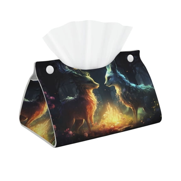 Xecao Firefly Forest Fox Print Tissue Box Cover,Modern PVC Leather Square Tissue Box Holder for Creative Decorative