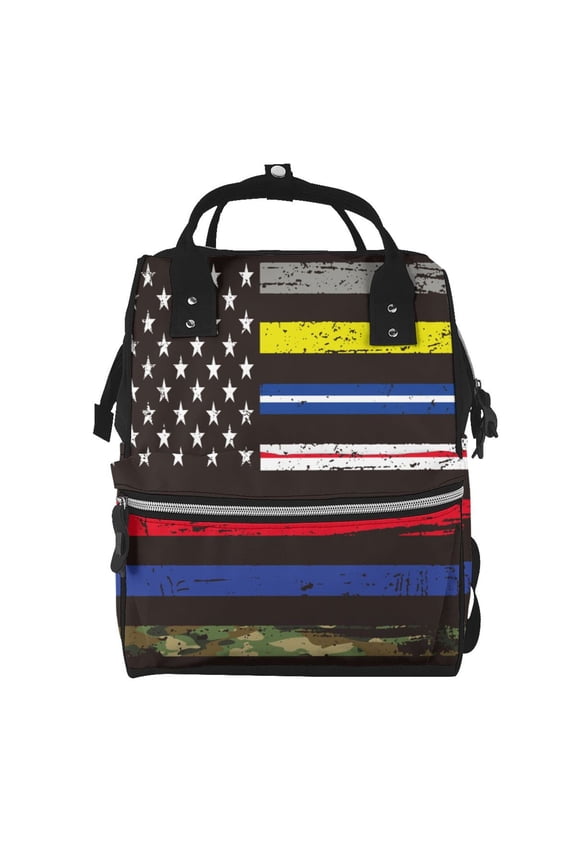 First Responder American Flag Print Large Capacity Nappy Bag Is a Multi-Functional Waterproof Travel Backpack, Perfect as a Nursing Bag or Mummy Backpack for Women