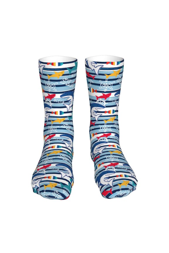 Fish And Shark Print Fashion No Heel Casual Crew Socks Cushioned Breathable for Men Women - Moisture wicking,Not easy to fade Suitable for daily