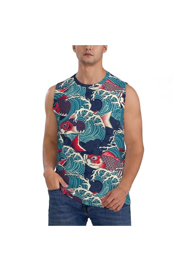 Fish In The Wave Print Men's Tank Top: Sleek Sleeveless Tee for Casual Sports and Beach Occasions-3X-Large