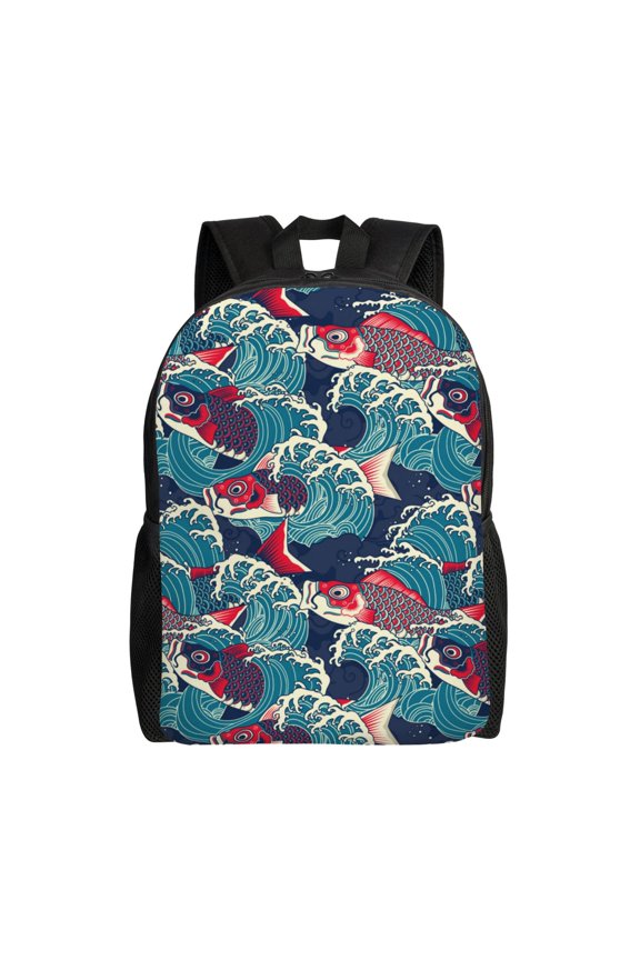 Fish In The Wave Print School Backpack with Laptop Compartment Small Travel Laptop Backpack for Women Men Waterproof College Backpack Simple School Bag