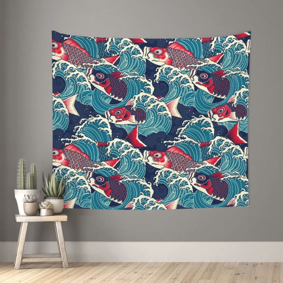 Xecao Fish In The Wave patten Tapestry 60x51 Inches Wall Hanging Poster Tapestry for Living Room Bedroom Home Decor