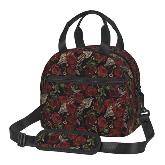 Xecao Fishbone Rose Print Insulated Lunch Box, Lunch Cags Lunch Bag Featuring An Adjustable Shoulder Strap