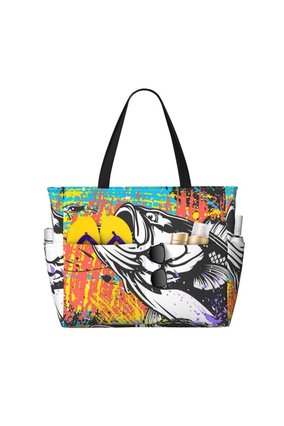 Fishing Bass Pattern Oil Painting Effect for Versatile Beach Bag for Women Includes Zipper Pockets and Waterproof Material, Ideal for Vacations and Adventures