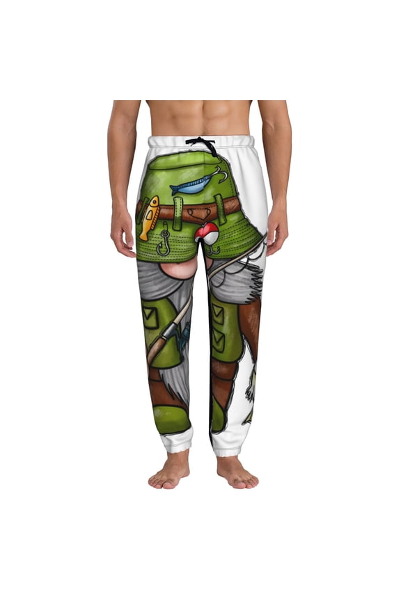 Fishing Gnome Print Active Tech Joggers for Men, Mens Sweatpants Lounge Pants with Pockets-Large