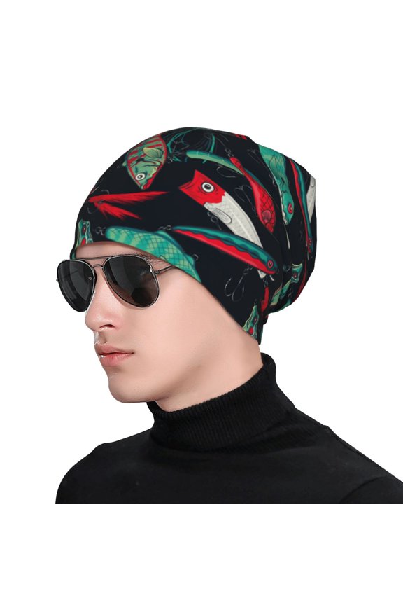 Fishing Lure Print Beanie Knitted Hat for Men Women, Winter Fashion Knit Cuffed Caps Unisex