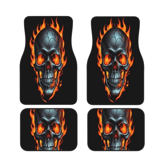 Xecao Flame Metal Skull Print Car Foot Mat Set of 4 Pieces Neoprene All-Weather Dust-Proof Stain-resistantCar Interior Decorative mats Non-Slip Mats