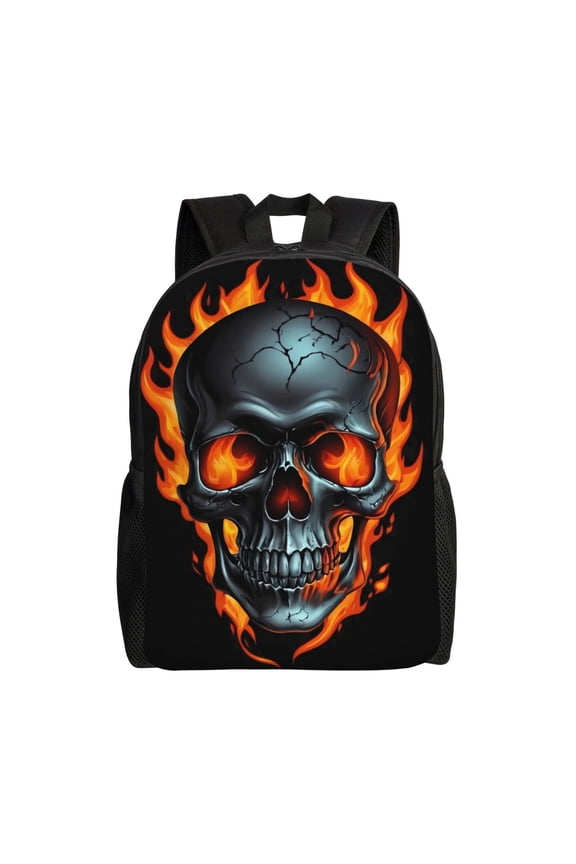 Flame Metal Skull Print School Backpack with Laptop Compartment Small Travel Laptop Backpack for Women Men Waterproof College Backpack Simple School Bag