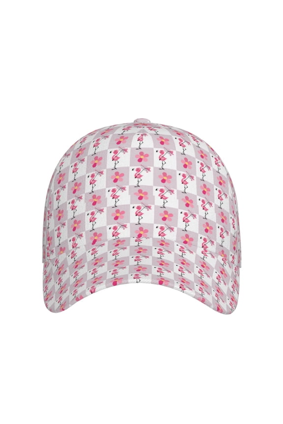 Flamingo On Checkered for Baseball Cap: Unisex, crafted from classic polyester twill fabric, featuring a soft unconstructed design