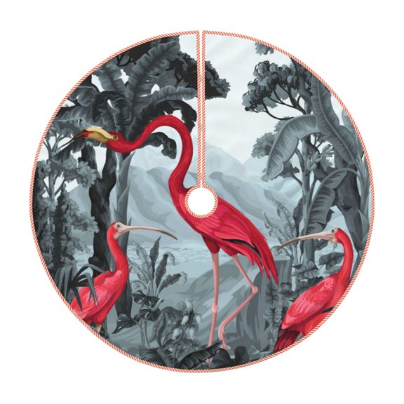 Xecao Flamingo On The Jungle Pattern Christmas Tree Skirt Round Xmas Tree Mat Base Cover for Holiday Home Decorations-30"