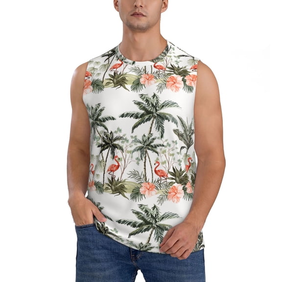 Xecao Flamingo Palm Trees Print Men's Tank Top: Sleek Sleeveless Tee for Casual Sports and Beach Occasions-Large