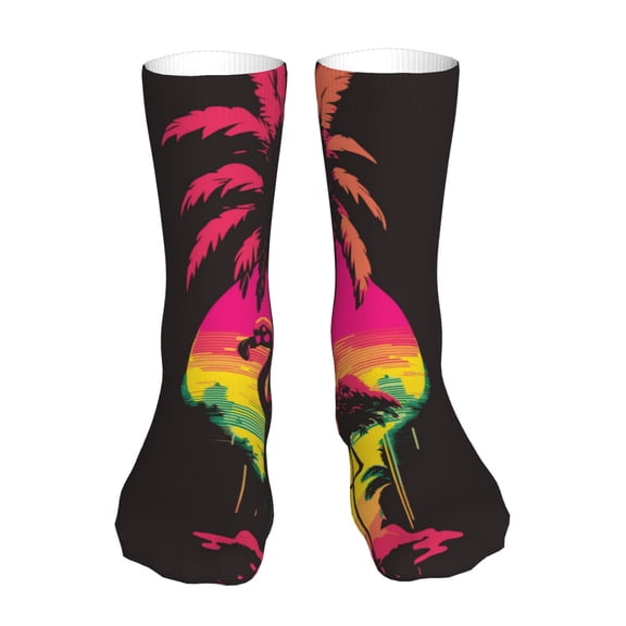 Xecao Flamingo And Palm Trees At Sunset Print Fashion No Heel Casual Crew Socks Cushioned Breathable for Men Women - Moisture wicking,Not easy to fade Suitable for daily