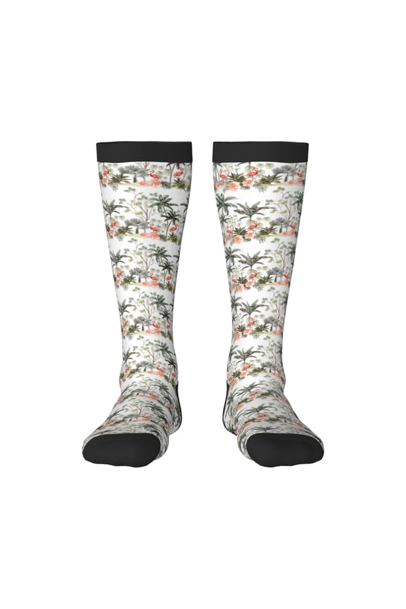 Flamingo Palm Trees print thigh-high socks, crafted for both men and women with a stretchy, high-opaque design perfect for daily wear