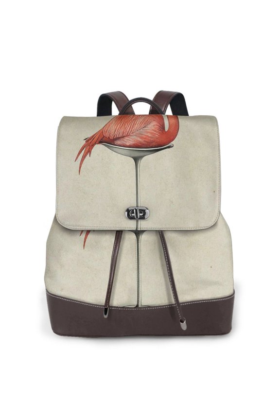 Flamingo Sitting On Chair Print Large Backpack Soft Leather for Women Travel with Compartment, Adjustable Convertible Strap