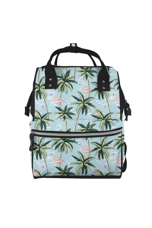 Flamingos And Palms print Large Capacity Nappy Bag is a multi-functional waterproof travel backpack, perfect as a nursing bag or mummy backpack for women