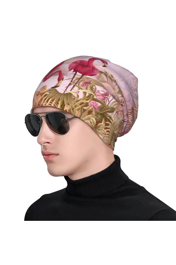 Flamingos In The Tropical Forest Print Beanie Knitted Hat for Men Women, Winter Fashion Knit Cuffed Caps Unisex