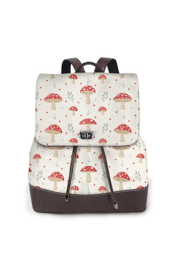 Mushroom Print Large Backpack Soft Leather for Women Travel with Compartment, Adjustable Convertible Strap