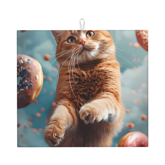 Xecao Floating Cat And Donuts Print Dish Drying Mat for Kitchen Counter,Absorbent Coffee Bar Mat, Dish Drainer Rack Mats,Dining Room Decoration