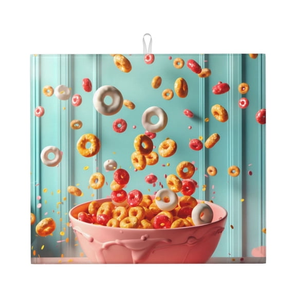 Xecao Floating Colorful Cereal Print Dish Drying Mat for Kitchen Counter,Absorbent Coffee Bar Mat, Dish Drainer Rack Mats,Dining Room Decoration