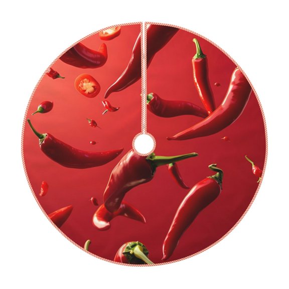 Xecao Floating Red Chili Peppers Pattern Christmas Tree Skirt Round Xmas Tree Mat Base Cover for Holiday Home Decorations-30"