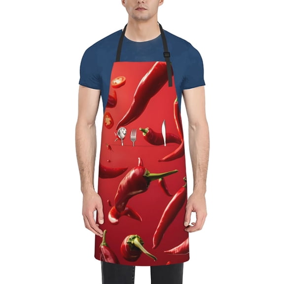 Xecao Floating Red Chili Peppers Print Kitchen Cooking Aprons, Waterproof Adjustable Bib Aprons with 2 Pockets for Women Men Chef