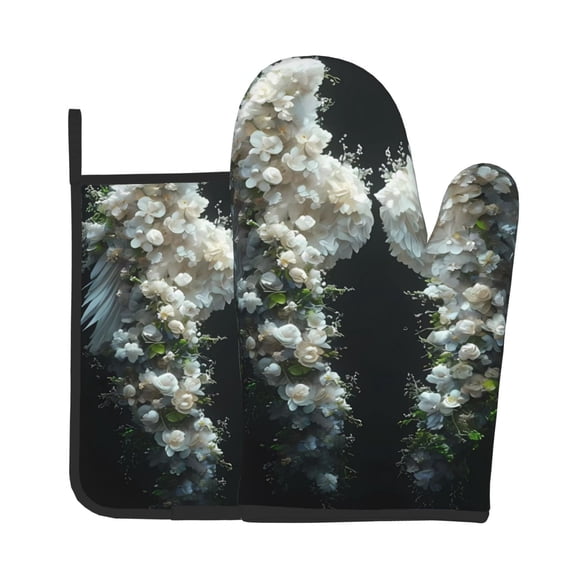 Xecao Floral Angelic White Wings Pattern Oven Mitts and Pot Holders Sets Heat Resistant Silicone Oven Mittens Extra Thicken Long Kitchen Cotton Oven Glove for Cooking