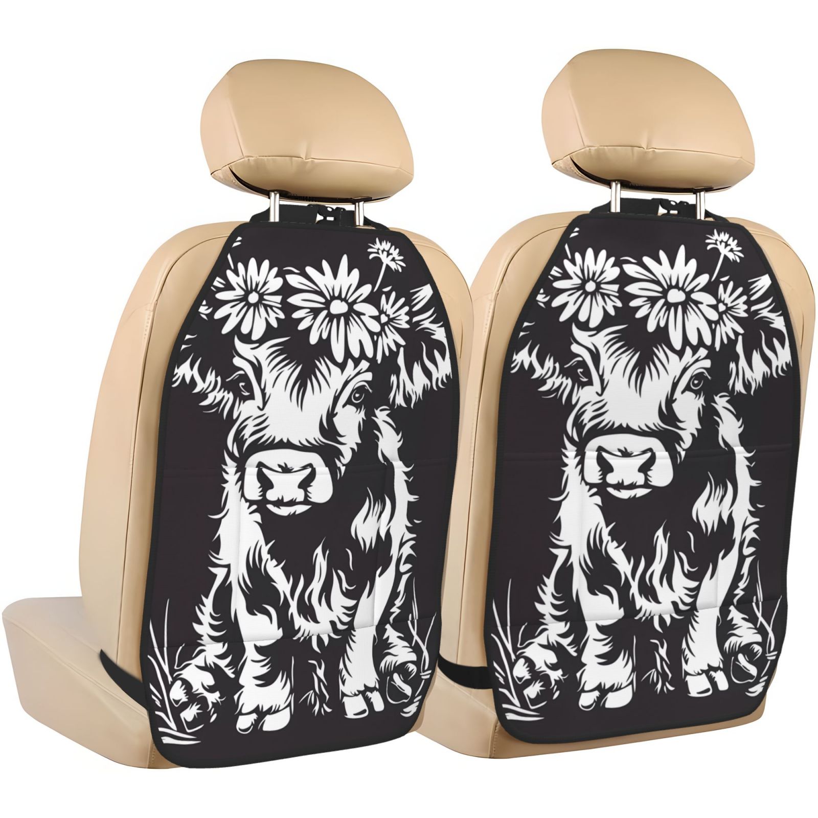 Xecao Floral Cow Silhouette Pattern Car Seat Back Protector 2 Pack Large Capacity Pocket, Kick Mats Back Seat Protector