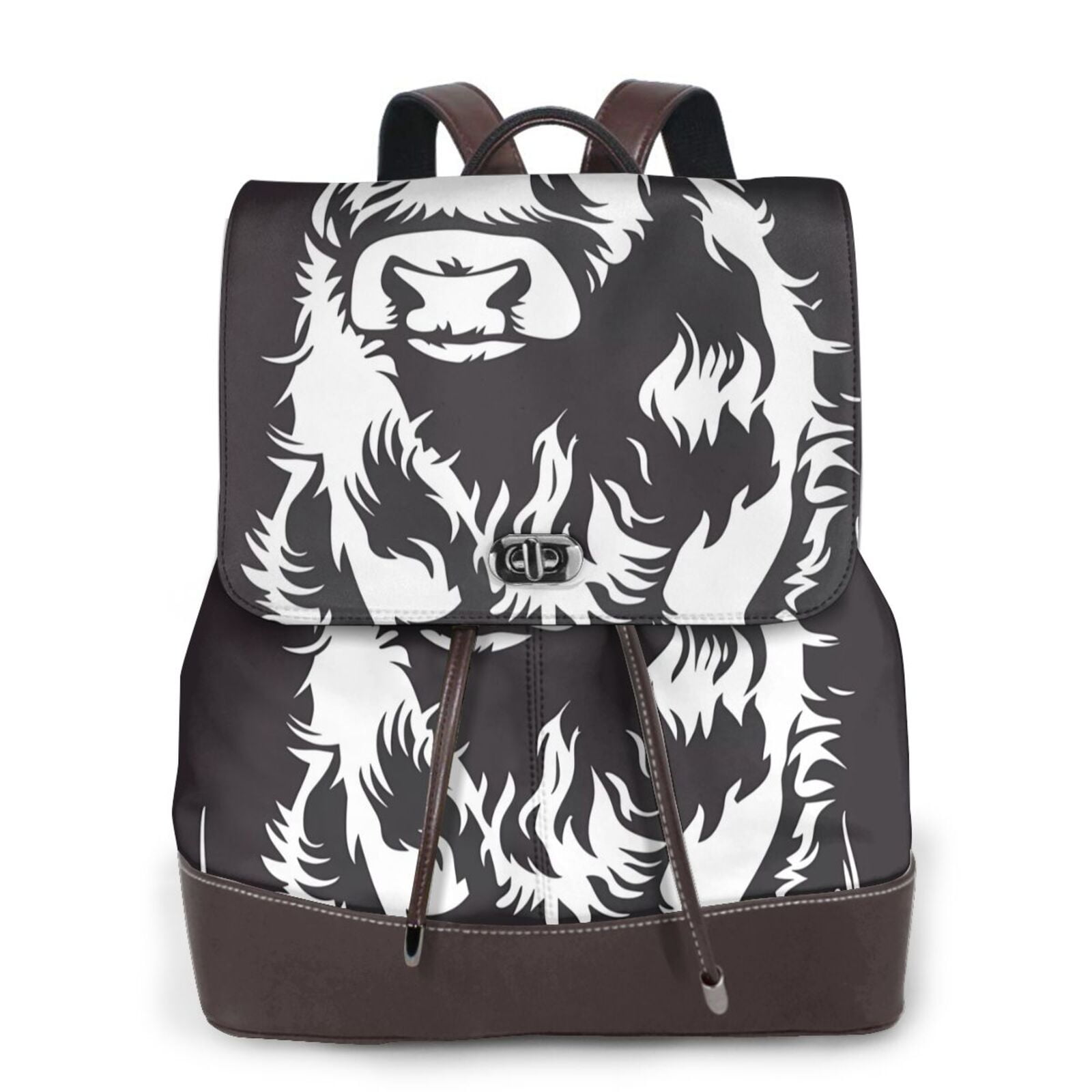 Xecao Floral Cow Silhouette Print Large Backpack Soft Leather for Women Travel with Compartment, Adjustable Convertible Strap