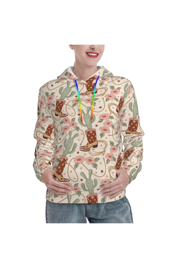 Floral Cowboy Boots Pattern Hoodies for Women Sweatshirts Long Sleeve Sweatshirts Pullover Outfits with Pocket-Large