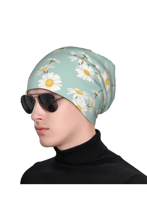Floral Daisy Print Beanie Knitted Hat for Men Women, Winter Fashion Knit Cuffed Caps Unisex
