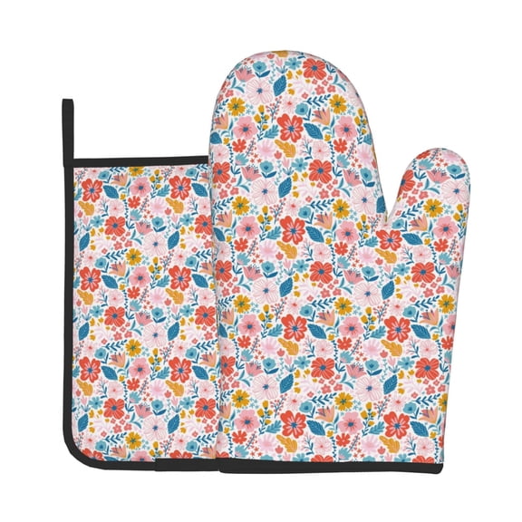 Xecao Floral Ditsy Pattern Oven Mitts and Pot Holders Sets Heat Resistant Silicone Oven Mittens Extra Thicken Long Kitchen Cotton Oven Glove for Cooking