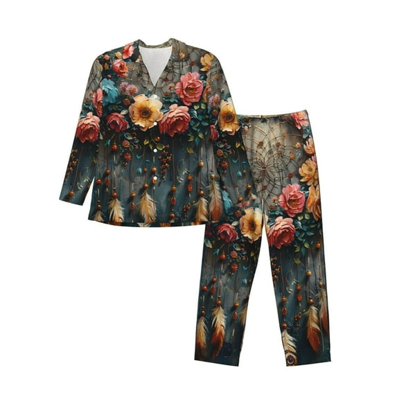 Xecao Floral Dreamcatcher Elegance Print Pajamas Set Mens Pajamas Long Sleeve Loungewear Two-Piece Sleepwear Button-Down Pjs Set,2PJS-X-Large