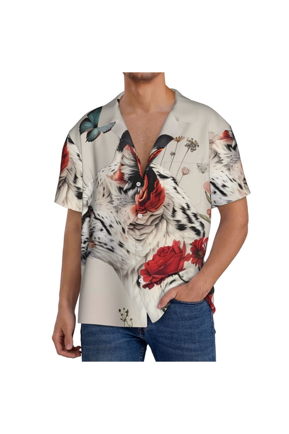 Floral Leopard Butterflies Men's Casual Short-sleeved Shirt, a button-up collared shirt with a pocket-Medium