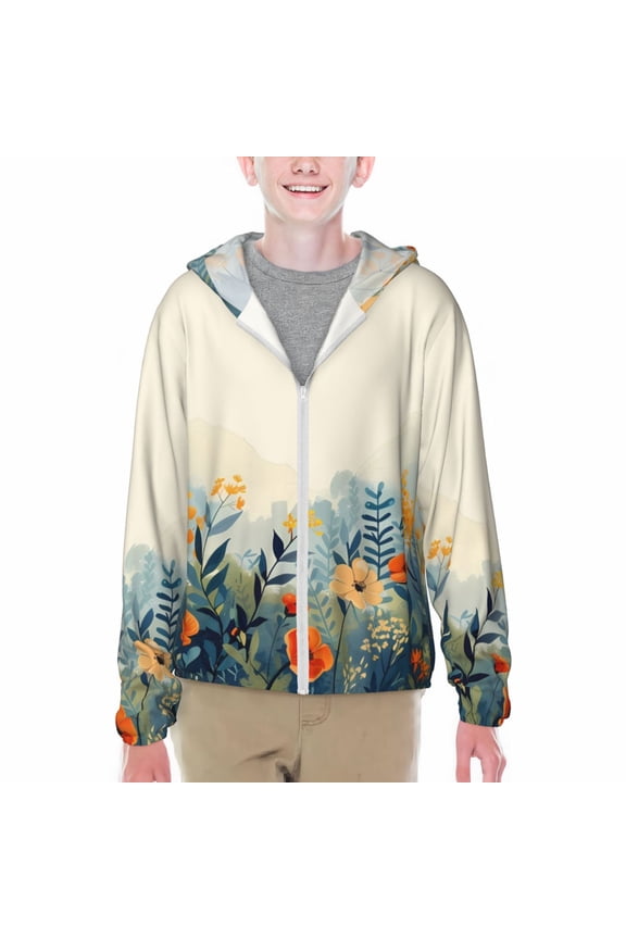 Floral Mountain Landscape Print Fishing Shirts for teenager Long Sleeve UV Sun Protection Hoodie with Zipper Outdoor Hiking Shirts-Medium