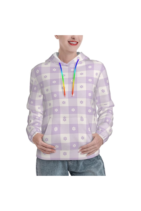 Floral Purple Buffalo Plaid Pattern Hoodies for Women Sweatshirts Long Sleeve Sweatshirts Pullover Outfits with Pocket-Small