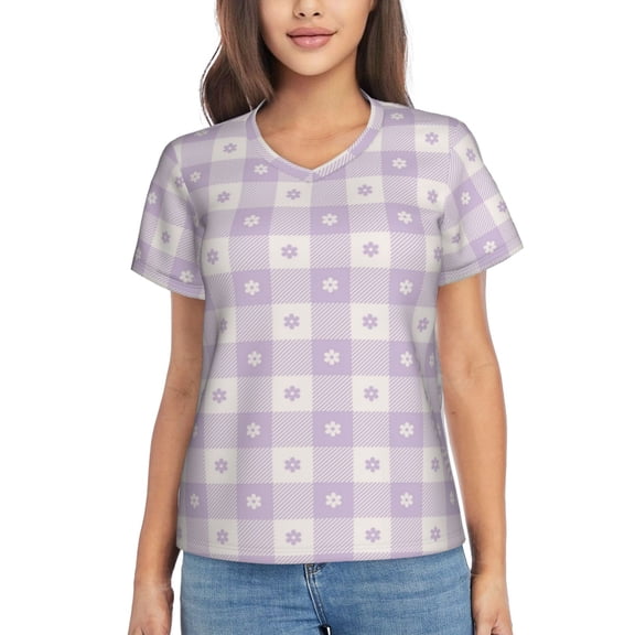 Xecao Floral Purple Buffalo Plaid for Women's V-Neck T-Shirts-Elegant Half-Sleeve Tops Perfect for Summer-Medium